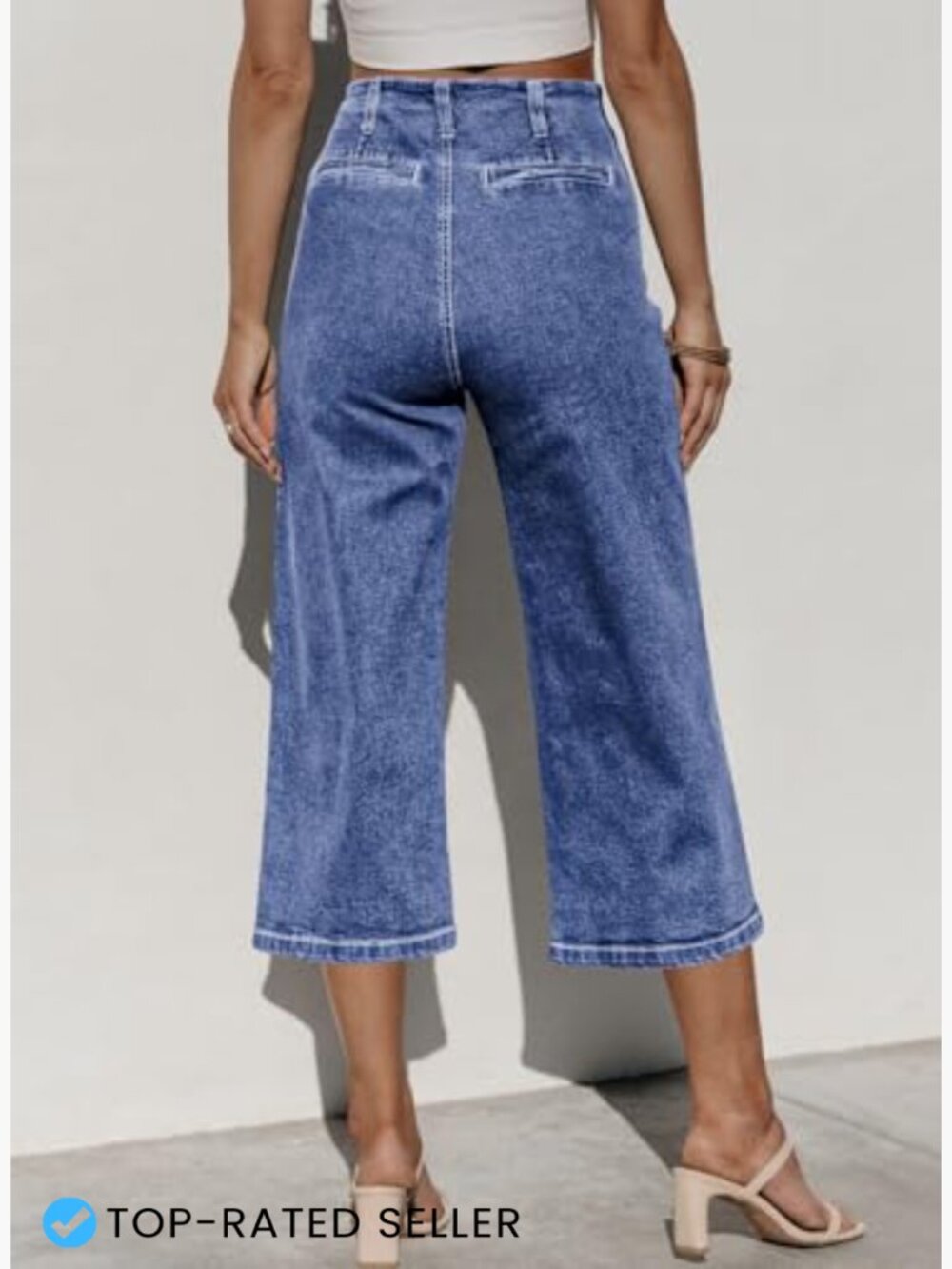 High Waisted Wide Leg Capri Jeans Stretchy Loose Cropted Denim - Picture 3 of 6